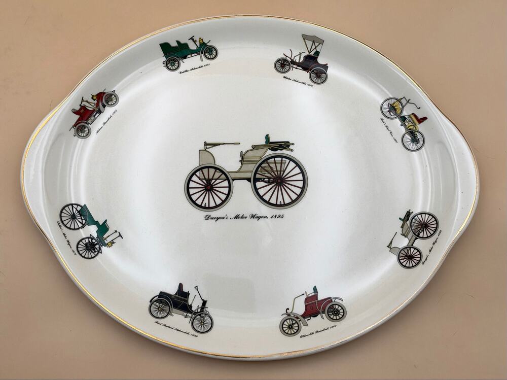 Vintage 15” Antique Automobile Serving Platter Duryea Motor Wagon 1895 Gold